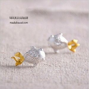 Silver & Gold Tone Mini Koi Goldfish Stud Earrings New!